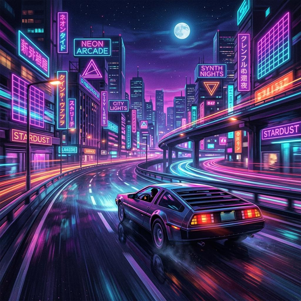 Late night synthwave drive through a neo...