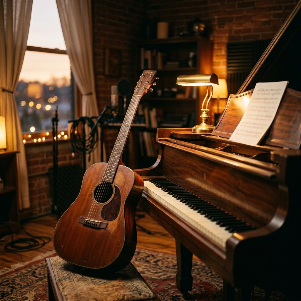 Guitar and piano, warm and cinematic